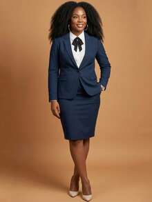 Traje elegante azul marino para mujer de otoño/invierno, incluye blazer con cuello puntiagudo y falda lápiz con cremallera trasera para fácil puesta/quidada, adecuado para uso en la oficina - Azul Marino - Ver 2
