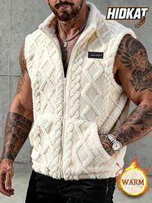 Autumn/Winter Men's Plush Vest, Stand Collar Sleeveless Quilted Waistcoat Jacket, Suitable For Casual Daily Wear - Apricot - View 1