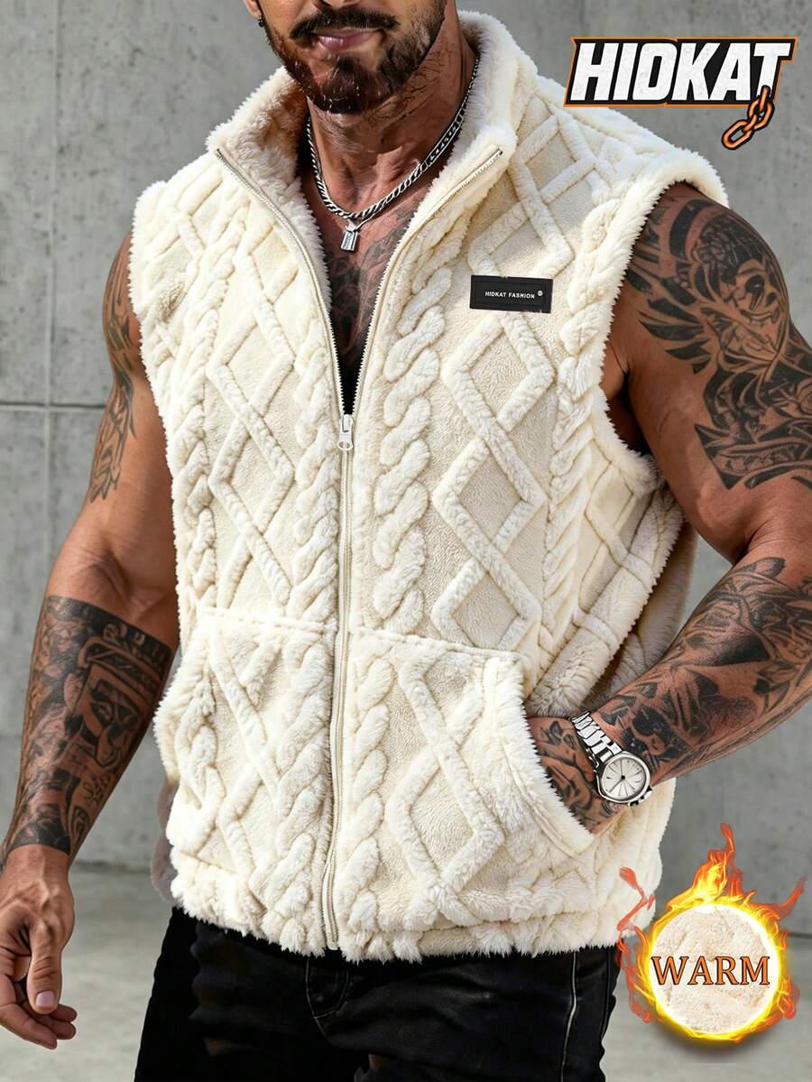 Autumn/Winter Men's Plush Vest, Stand Collar Sleeveless Quilted Waistcoat Jacket, Suitable For Casual Daily Wear - Apricot - View 1