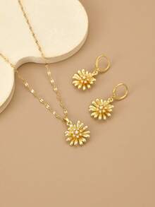 1pc Fashionable Colorful Rhinestone Camellia Stainless Steel Women's Necklace, 1 Pair Fashionable Colorful Rhinestone Camellia Stainless Steel Women's Earrings, Gold Necklace, Gold Earrings, Stainless Steel Jewelry, Gold Jewelry, Summer, Beach, Vacation Jewelry, Bohemian, Charming, Proud, Western Jewelry, Gift For Women, Gift, Birthday Gift - Yellow Gold - View 3