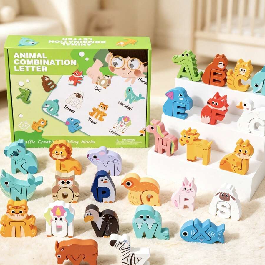 Danish Minimalist Playful Animal Cartoon Print Asymmetrical 3D Letter Blocks, Fully Rounded Polished Connectable Transformable 26 English Alphabet Early Learning Toy, Creative Assembly Letter Blocks For Home Parent-Child Education, Kindergarten Classroom Teaching Aid, Baby 1st Birthday And Children's Day Gift