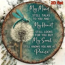 1pc 2D Flat Round Sign, "Dragonfly And Dandelion" Vintage Plaque, "My Desire Never Stops, My Soul Knows" Decorative Sign, Suitable For Bedroom Decor, Living Room Decor, Cafe Decor (Random Hole Position) - A - View 3