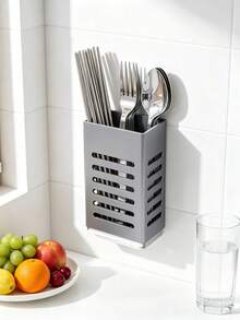 1pc,Punch-Free Wall Mount Chopstick Holder, Drain Cutlery Caddy With Drip Tray, Kitchen Storage Organizer For Chopsticks, Spoons And Forks - Grey - View 7