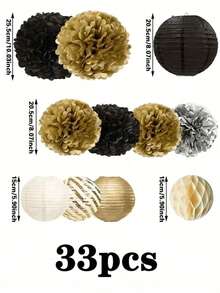 11pcs/33pcs Black & Gold Pom Pom Lantern Party Decorations - Black Gold - View 9