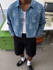 HOMIIE Men Fall Long Sleeve Cropped Shirt, Blue Floral Print Lapel Button Down Shirt With Pocket, Streetwear Casual Tops For Autumn - Blue - View 6