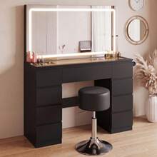 Devoko Modern Vanity Table With Extra Large LED Mirror, 3 Light Colors And Dimmable Brightness, Dressing Table With Glass Top, 9 Drawers, Power Strip And Hair Dryer Holder, White/Black - 查看 2