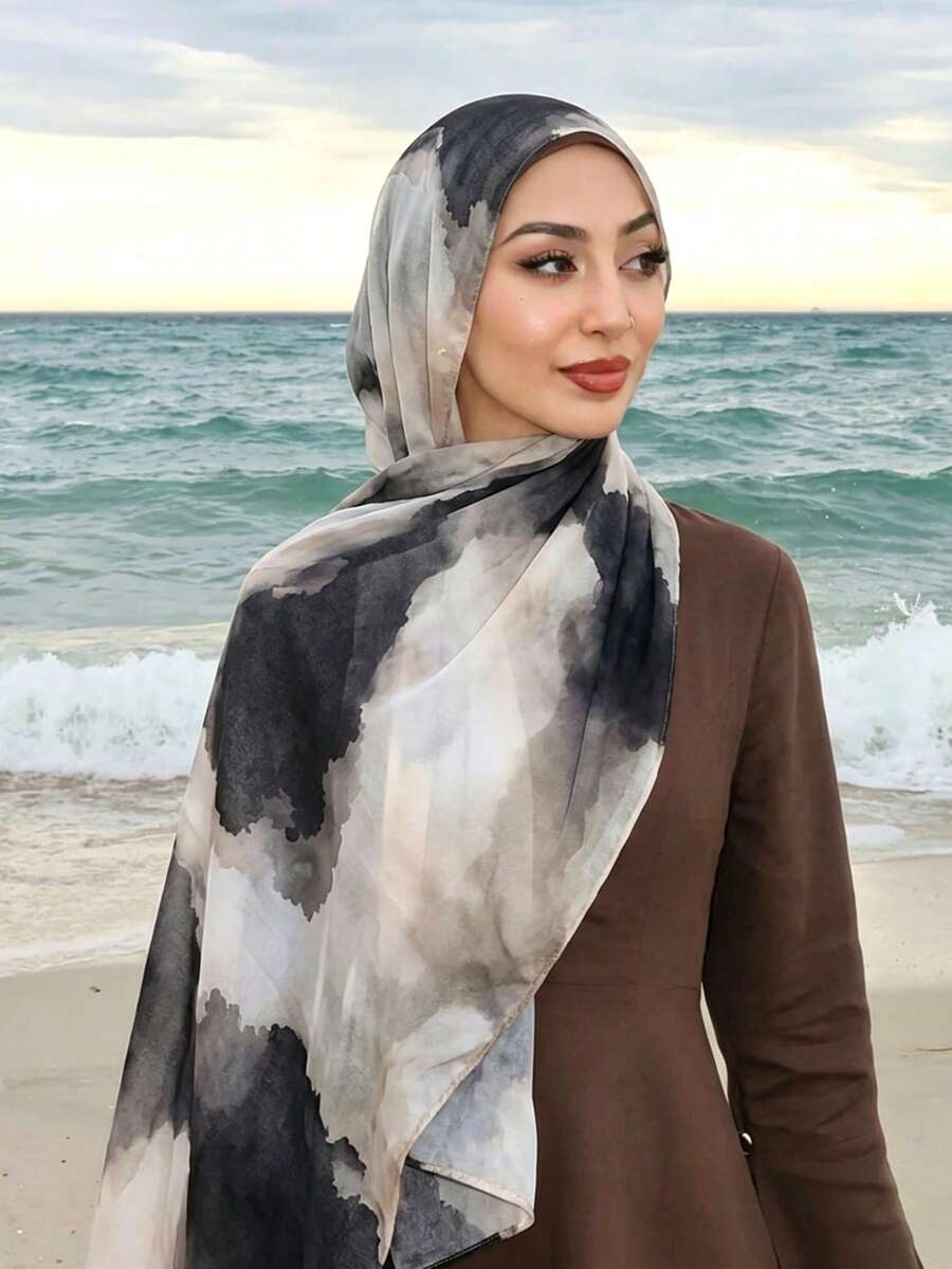 1件裝女款波希米亞風黑白紮染印花頭巾，穆斯林防曬頭巾，優雅百搭圍巾披肩，適合朋友聚會與日常穿著
