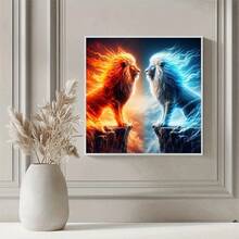 1PC | 5D DIY Diamond Painting | Ice And Fire Lion Pattern Diamond Painting Kit, Round Full Drill Mosaic Craft Set, High-Definition Art Diamond Painting, Focus And Relax Your Mind Through DIY, Suitable For Living Room, Bedroom, Office Wall Decoration, Surprise Holiday Home Decor Gift For Family And Friends, Unframed - round diamond - View 3