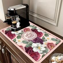 1pc Camellia Pattern Printed Diatomaceous Earth Kitchen Dish Drying Mat, Absorbent Dish Drying Pad, Coffee Machine Mat, Dishwashing Mat, Sink Mat, Kitchen Countertop Protector, Suitable For Cups, Plates, Tableware And Kitchen Decor - Multicolor - View 2
