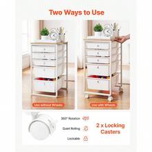 Rolling Cart With Drawers, 5 Drawer Storage Organizer, Mobile Utility Cart With Wood Top, Steel Frame, Universal Casters & 2 Bra - White - View 5