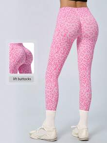 NcmRyu 1pc Women's Leopard Print Seamless Ruched Butt High Waist Athletic Leggings - Pink - View 3