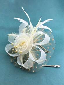 1pc Women's Tea Party Fascinator Headband Kentucky Derby Hat Flower Mesh Headpiece Hair Clip For Wedding - Beige - View 2