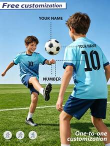 [Customized]Personalized Number & Name Customized Star Style 2pcs Boys & Girls Casual Football Uniform Set # -Round Neck-Short Sleeve & Shorts Set- Polyester, Back To School Season Suitable For -Sports -Training & Casual Wear, Outdoor Perfect Choice - Mint Green - View 3