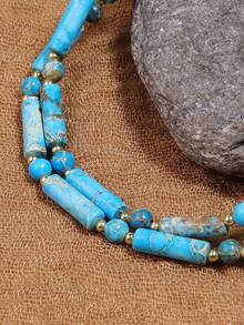 Natural Turquoise Bead Necklace - Symbol Of & Wisdom, Luck, Unique Design Bohemia Elegant Jewelry For Daily Chic Perfect Gift Birthdays/Anniversaries - Baby Blue - View 2