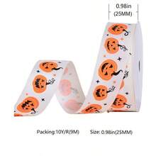Halloween Ribbon 9.1m Roll, Holiday Party Decoration Gift Wrapping Ribbon, Hair Accessories, Bows, Floral Packaging DIY Halloween Ribbon - Trick Or Treat Pumpkin, 1.6cm Wide, 9 Meters/roll - View 2