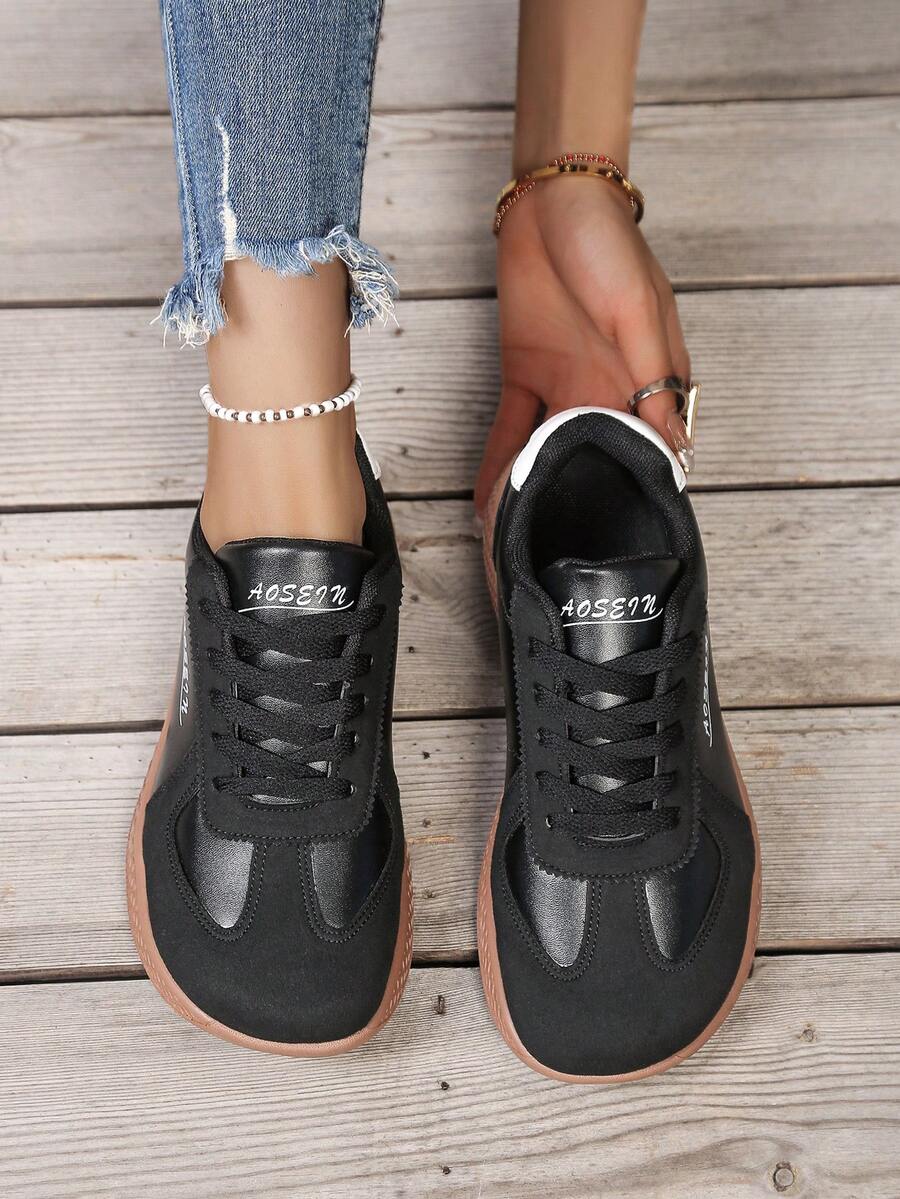 Women's Wide Fit Plus Size Athletic Shoes With Front Lace-Up, Wide Soft Sole, Faux Leather Patchwork, Suitable For Sports, Casual, Commuting, Lightweight