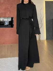 Women's Casual Elegant Round Neck Long Sleeve Button-Front Top + Loose Wide Leg Pants + Long Apron 3-Piece Set, Solid Color Front Button Tie Closure, Commute Daily Date - Black - View 7