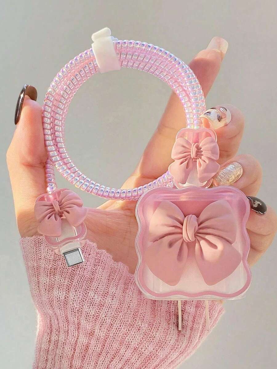 5pcs/Set Bowknot Charging Cable Protector, Ombre Pink Charger Protector 1.5m Laser Cable Winder, Cable Organizer, Compatible With Apple 12/13/14 20W Fast Charging Cable Charger Protector - Multicolor - View 1