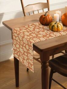1 pieza Camino de mesa con hoja de arce de otoño - Marrón rústico con diseño de hoja blanca, decoración de mesa rectangular de poliéster para granja y reuniones familiares, decoración de mesa de Acción de Gracias | Decoración de mesa rústica | Textura - Naranja Quemada - Ver 4