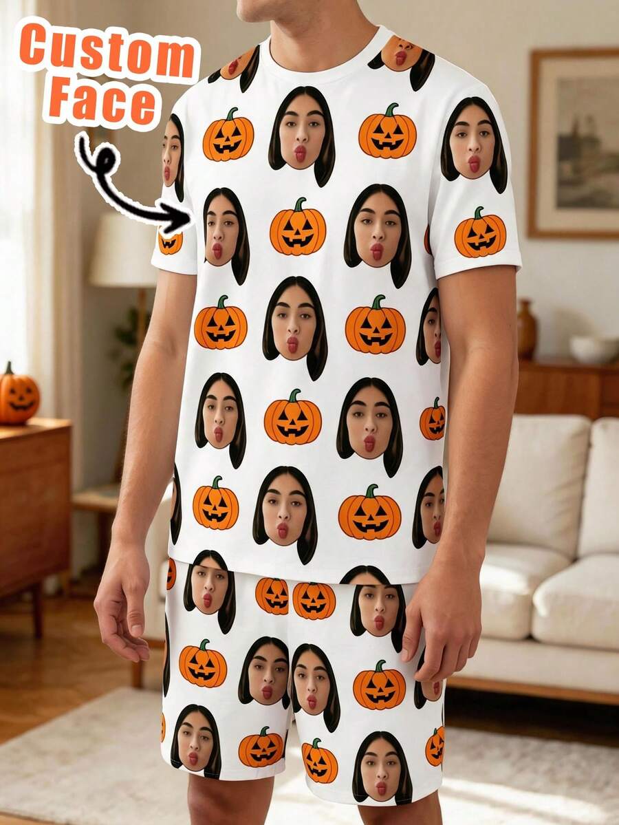 1pc Customized Girlfriend Face Photo White Pumpkin Halloween Pajama Set, Personalized Short Sleeve Top And Shorts Loungewear Sleepwear Gift - Multicolor - View 1