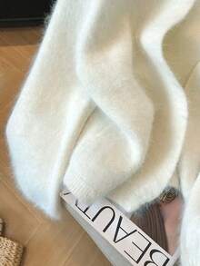 Women's Cozy White Knit Cardigan Long Sleeve Regular Length Round Neck Medium Stretch For Fall Outfits - White - View 9