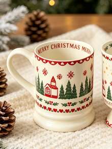 1pc Aesthetic Vintage Christmas Ceramic Mug, Retro Footed Hot Chocolate Coffee Cup With Tree & Reindeer Pattern, Festive Xmas Gift Drinkware - Christmas Ceramic Mug - View 12