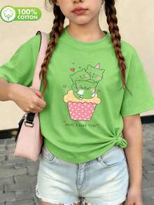 Tween Girls' Pure Cotton Raglan Short Sleeve T-Shirt, Graphic Print, Soft, Breathable & Loose Fit, Cute Sweet Preppy Kid Style - Green - View 1
