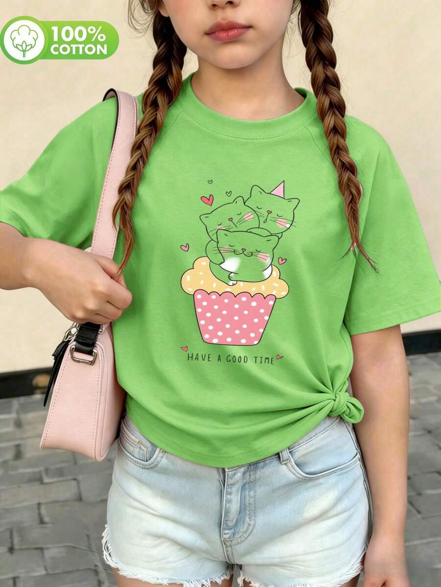 Tween Girls' Pure Cotton Raglan Short Sleeve T-Shirt, Graphic Print, Soft, Breathable & Loose Fit, Cute Sweet Preppy Kid Style - Green - View 1