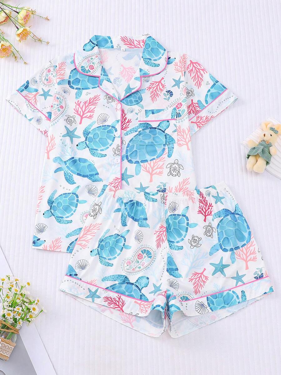 2pcs/Set Women's Pajama Set, Ocean Turtle Print, Women's Loungewear, Spring/Summer Holiday Outfit, Short Sleeve Lapel Top And Shorts, Wearable Outside - White - View 1