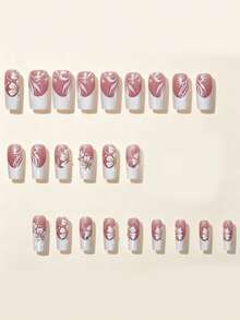 24 piezas Uñas postizas de tamaño mediano removibles de cobertura completa con acabado brillante, diseño minimalista blanco francés degradado con decoración de flores y cuentas doradas, producto de arte de uñas elegante, lujoso y de moda - Multicolor - Ver 8