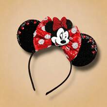 2pcs Disney Shiny Mickey Mouse Ear Headband With Storage Lanyard And White Sequin Bow - R - View 2