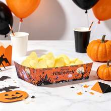 20pcs/40pcs/60pcs Halloween Orange Paper Food Trays, Disposable Boat-Shaped Paper Trays Printed With Black And Orange Pumpkin, Ghost, Witch And Castle Patterns; Suitable For Halloween Party, Birthday Celebration, Day Of The Dead Festival - Multicolor - View 5