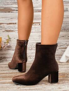 Black Velvet Square Toe Block Heel Ankle Booties Women Back Zipper Ankle Boots - Brown - View 7