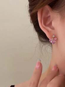 1 Pair Elegant Sweet Pink Cubic Zirconia Heart-Shaped Drop Earrings Suitable For Women's Wedding, Party, Holiday Wear - Pink - View 2