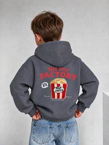 1pc Boys Vintage Popcorn Young Boy Sweatshirt, Flocked Texture Snack English Print, Dark Gray Unisex Kids Loose Fit Spring/Autumn Sweatshirt - Dark Grey - View 3