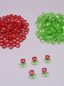 30pcs Red Tulip Beads And 30pcs Leaf-Shaped Glass Beads - Red - View 5