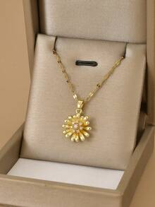 1pc Fashionable Colorful Rhinestone Camellia Stainless Steel Women's Necklace, 1 Pair Fashionable Colorful Rhinestone Camellia Stainless Steel Women's Earrings, Gold Necklace, Gold Earrings, Stainless Steel Jewelry, Gold Jewelry, Summer, Beach, Vacation Jewelry, Bohemian, Charming, Proud, Western Jewelry, Gift For Women, Gift, Birthday Gift - Yellow Gold - View 2