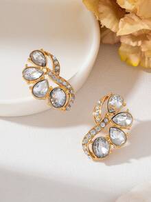 1 par de pendientes de botón de plástico con strass en forma de gota de agua, creativos, elegantes y versátiles para mujer, adecuados para uso diario y fiestas, regalo para mujer - Blanco - Ver 5