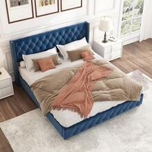 With Slatted Base And Headboard, Button Tufting, Rivet Decoration, Wooden Legs, Linen - 藍色 - 查看 8