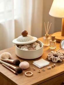 1pc Ceramic Cotton Swab Storage Jar, Dust-Proof Makeup Pad Storage Box, Desktop Jewelry & Miscellaneous Storage Container, Blending Decorative Aesthetics With Daily Practicality - Light Khaki - View 2