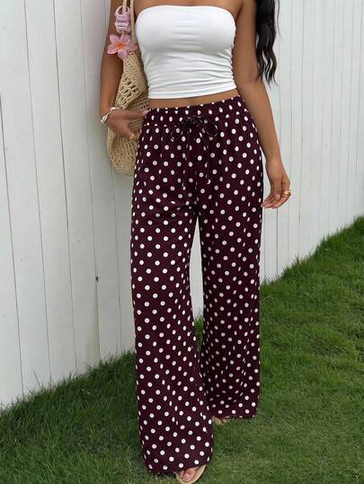 Pantalon décontracté à pois, faux cordon de serrage, coupe large, coupe ample, style décontracté au quotidien