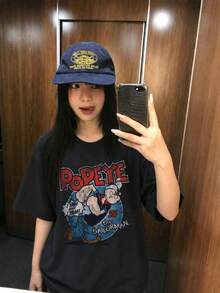 Y2K 女款夏季新款休閒寬鬆字母與卡通角色印花短袖T恤上衣 黑色 - 黑色 - 查看 3
