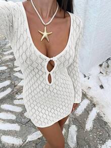 QIANZHIDU VELLA Women's Autumn Deep V-Neck Hollow Crochet Long Sleeve Knit Mini Dress, Suitable For Beach, Back To School Party, Outing, Dating - White - View 6