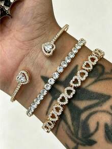 1 Set Fashion Heart Hollow Women's Bracelet 3 Pieces Set, Gold-Plated Glamorous Shiny Jewelry, Versatile Accessory For Party, Travel, Anniversary, Birthday Gift For Girlfriend - Jewelry Set - View 1