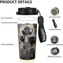 1/5pcs 18oz Stainless Steel Coffee Tumbler, Black Vintage Dark Gold Dead Branch Black Peony Gothic Oriental Print Travel Mug, Multi-Function Flip Straw Lid, Black COFFEE Lanyard Strap, Ideal Gift For Dark Gothic Retro Chinese Style Fans - Flower-4 - View 7