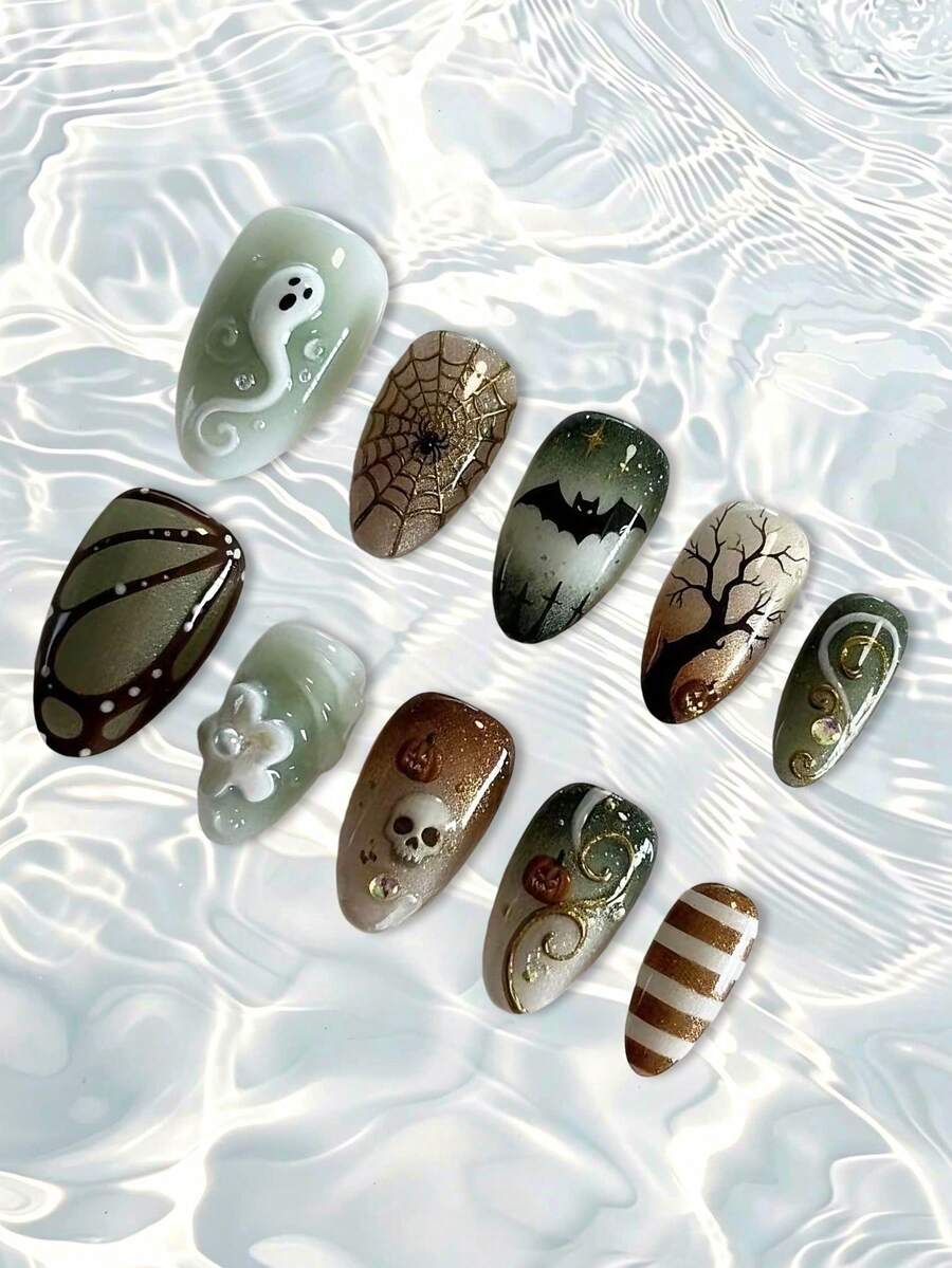 10pcs Medium Almond Halloween Press On Nails, 3D Texture Green Gradient French Tips Nail,Summer Nails Suitable For Nail Salon, Girls And Women's Daily Wear,Holiday Parties And Gift - Army Green - View 1