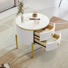 Side Table, Coffee Table With Drawers, Marble Texture, Gold Legs And Handles, Adjustable - White - View 2