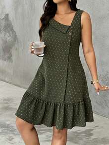 Vestido corto sin mangas de talla grande para mujer, con cuello asimétrico, botones, tela texturizada, bajo con volantes y corte en A, estilo casual para vacaciones de verano - Verde militar - Ver 3