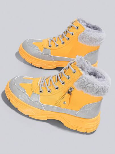 Flipark 1 Pair Women's Yellow & Gray Color Block Thermal Lined High-Top Boots, Side Zipper Thick Sole Warm Cold-Proof Snow Boots