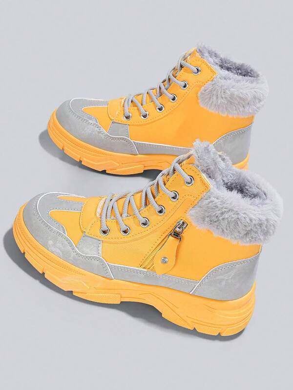 Flipark 1 Pair Women's Yellow & Gray Color Block Thermal Lined High-Top Boots, Side Zipper Thick Sole Warm Cold-Proof Snow Boots